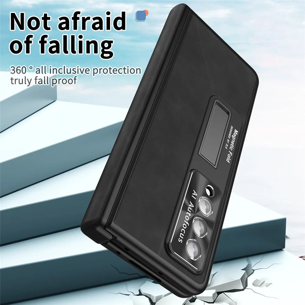 For Samsung Galaxy Z Fold4 5G Magnetic Hinge Kickstand Phone Case Nappa Texture PU Leather Coated PC Anti-Drop Cover with Tempered Glass Screen Film - Black - 5