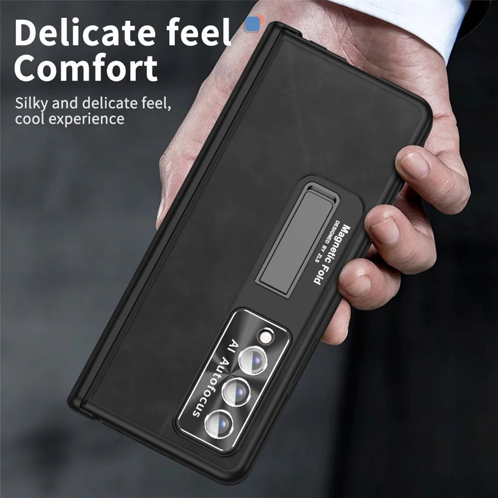 For Samsung Galaxy Z Fold4 5G Magnetic Hinge Kickstand Phone Case Nappa Texture PU Leather Coated PC Anti-Drop Cover with Tempered Glass Screen Film - Black - 6