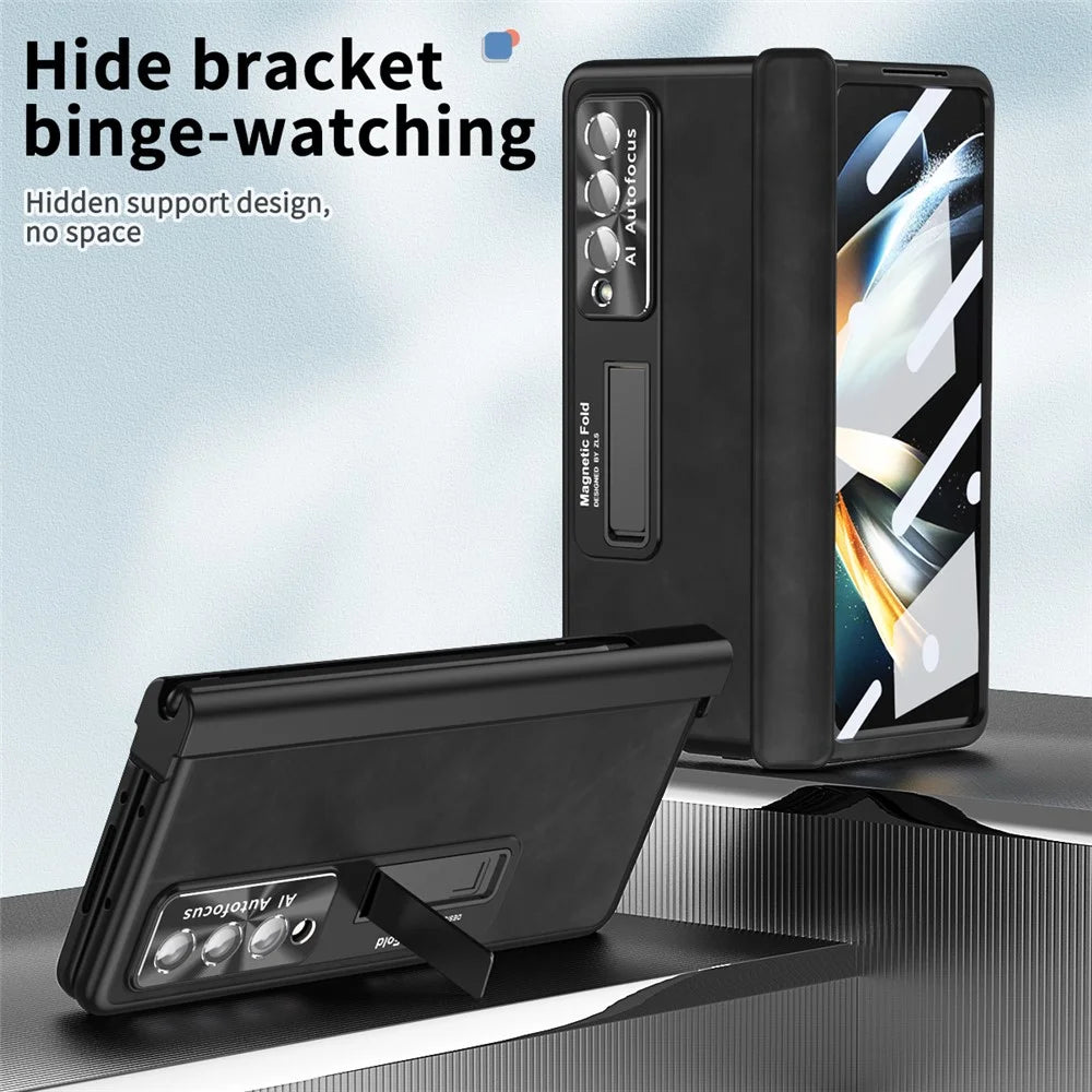 For Samsung Galaxy Z Fold4 5G Magnetic Hinge Kickstand Phone Case Nappa Texture PU Leather Coated PC Anti-Drop Cover with Tempered Glass Screen Film - Black - 7