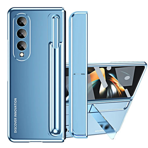 For Samsung Galaxy Z Fold4 5G Hinge Protection Kickstand Phone Case Hard PC Shockproof Anti-Drop Shell with Tempered Glass Screen Film - Blue - 1