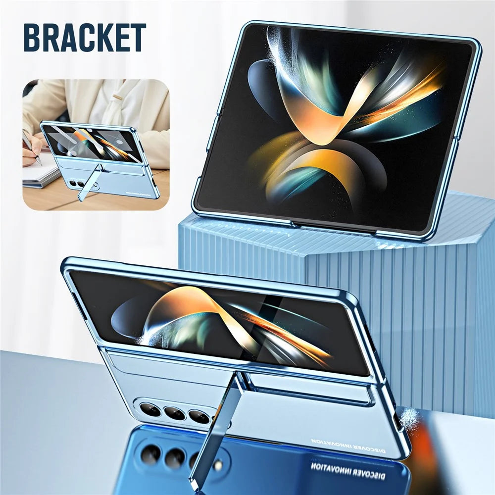 For Samsung Galaxy Z Fold4 5G Hinge Protection Kickstand Phone Case Hard PC Shockproof Anti-Drop Shell with Tempered Glass Screen Film - Blue - 4