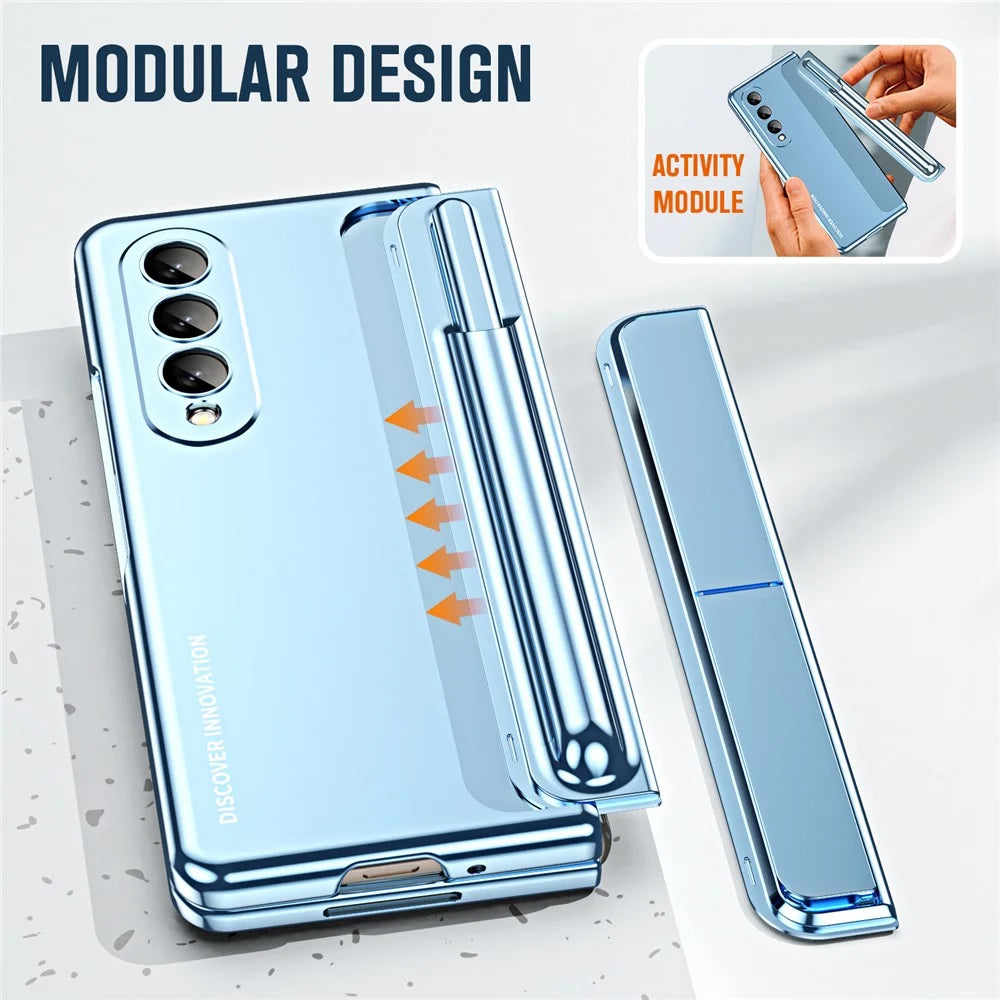 For Samsung Galaxy Z Fold4 5G Hinge Protection Kickstand Phone Case Hard PC Shockproof Anti-Drop Shell with Tempered Glass Screen Film - Blue - 5