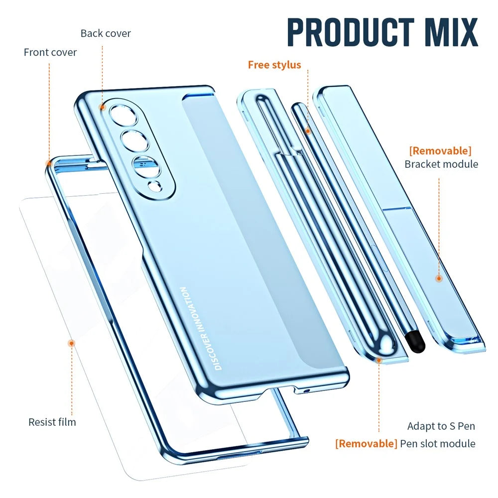 For Samsung Galaxy Z Fold4 5G Hinge Protection Kickstand Phone Case Hard PC Shockproof Anti-Drop Shell with Tempered Glass Screen Film - Blue - 6