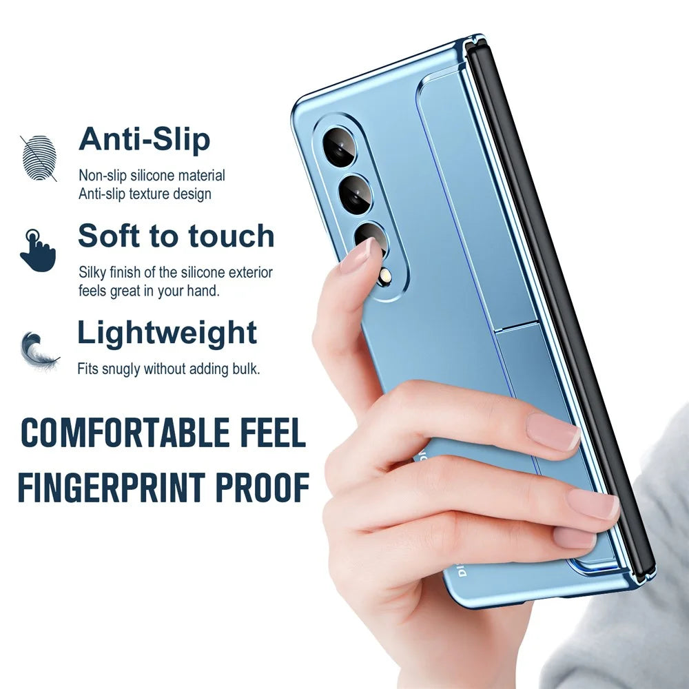 For Samsung Galaxy Z Fold4 5G Hinge Protection Kickstand Phone Case Hard PC Shockproof Anti-Drop Shell with Tempered Glass Screen Film - Blue - 7