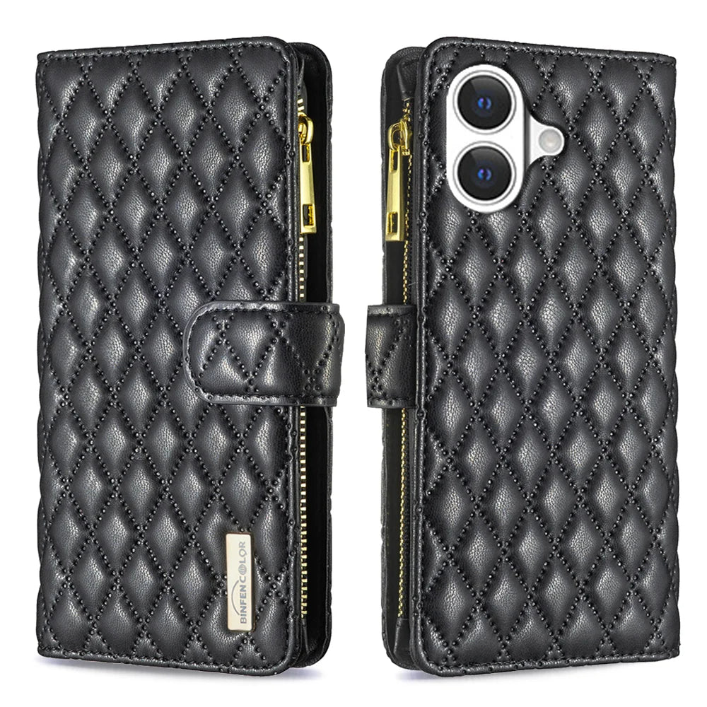BINFEN COLOR for iPhone 17 BF Style-15 Leather Case Zipper Pocket Rhombus Phone Cover - Black - 1