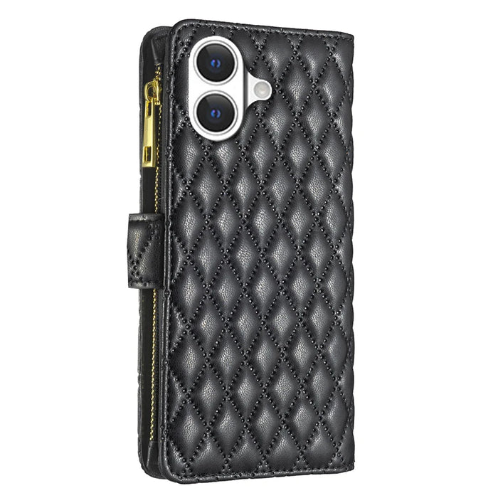 BINFEN COLOR for iPhone 17 BF Style-15 Leather Case Zipper Pocket Rhombus Phone Cover - Black - 3