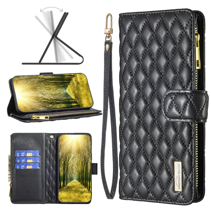 BINFEN COLOR for iPhone 17 BF Style-15 Leather Case Zipper Pocket Rhombus Phone Cover - Black - 4