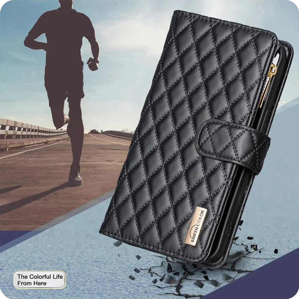BINFEN COLOR for iPhone Air BF Style-15 Leather Case Zipper Pocket Rhombus Phone Cover - Black - 7
