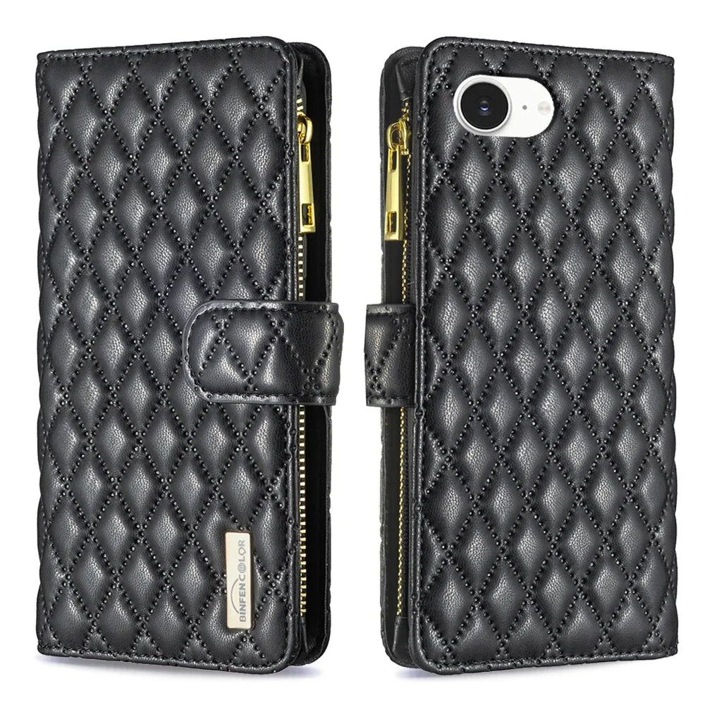 BINFEN COLOR for iPhone 16e / iPhone 17e BF Style-15 Leather Case Zipper Pocket Rhombus Phone Cover - Black - 1