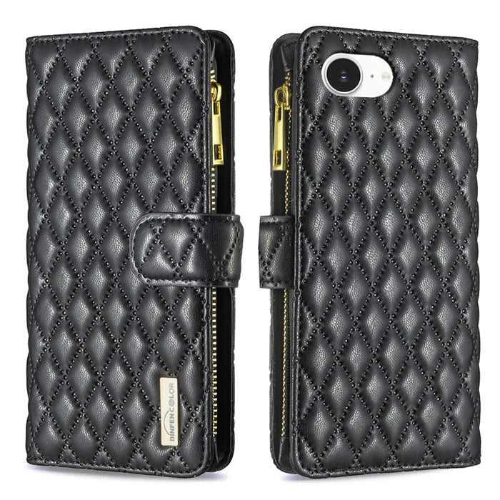 BINFEN COLOR for iPhone 16e / iPhone 17e BF Style-15 Leather Case Zipper Pocket Rhombus Phone Cover - Black - 1