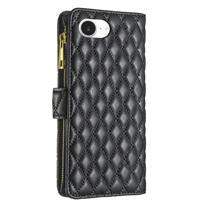 BINFEN COLOR for iPhone 16e / iPhone 17e BF Style-15 Leather Case Zipper Pocket Rhombus Phone Cover - Black - 3