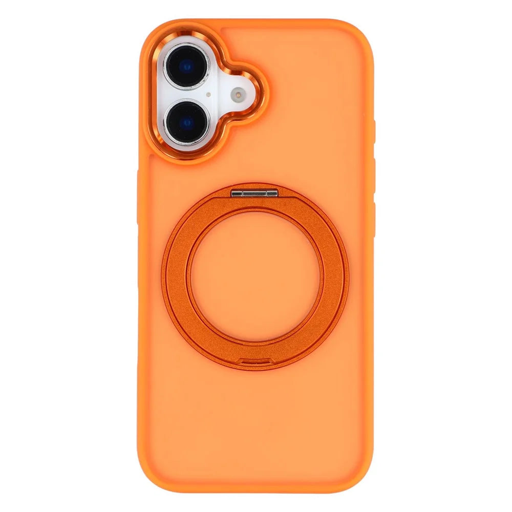 For iPhone 16 Plus Case Rotating Kickstand TPU + PC Anti-slip Matte Phone Back Cover - Orange - 1