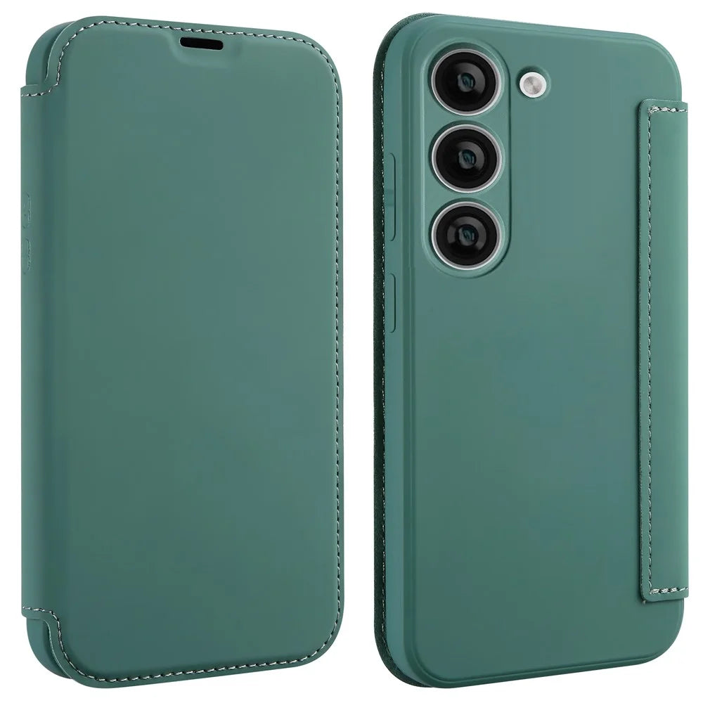 For Samsung Galaxy S23 Card Holder Design Kickstand Liquid Silicone Protective Case Skin-touch Phone Cover - Blackish Green - 1