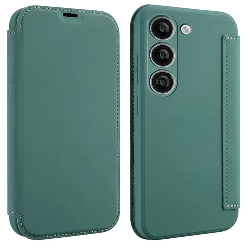 For Samsung Galaxy S23 Card Holder Design Kickstand Liquid Silicone Protective Case Skin-touch Phone Cover - Blackish Green - 1