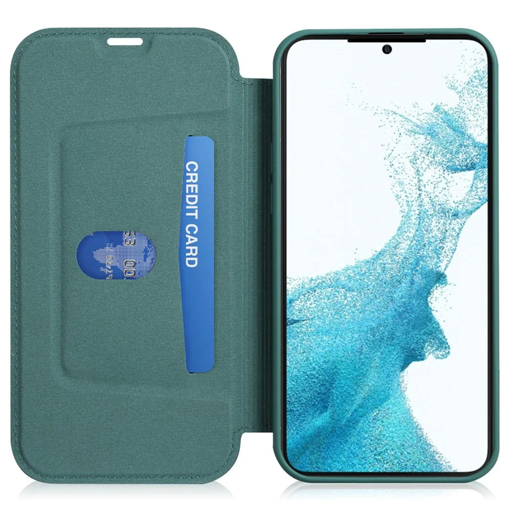 For Samsung Galaxy S23 Card Holder Design Kickstand Liquid Silicone Protective Case Skin-touch Phone Cover - Blackish Green - 2