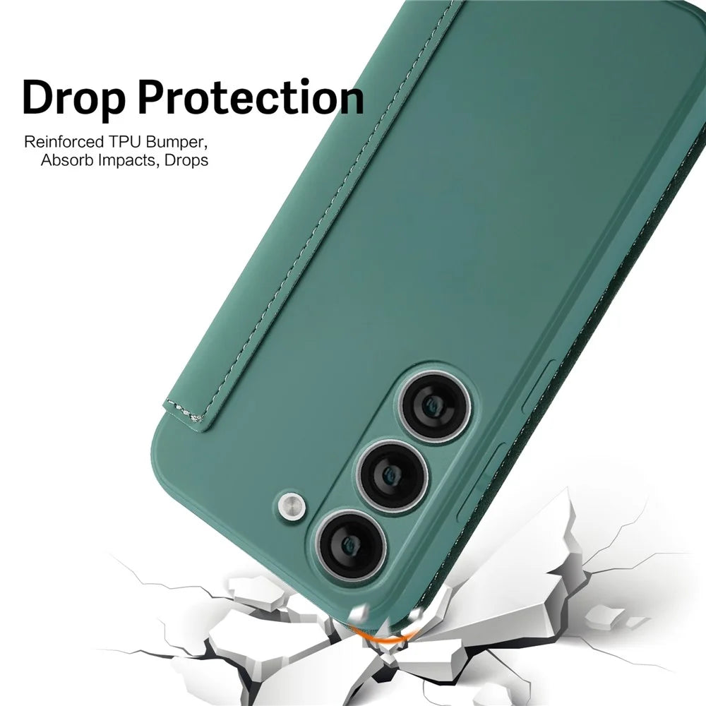 For Samsung Galaxy S23 Card Holder Design Kickstand Liquid Silicone Protective Case Skin-touch Phone Cover - Blackish Green - 4