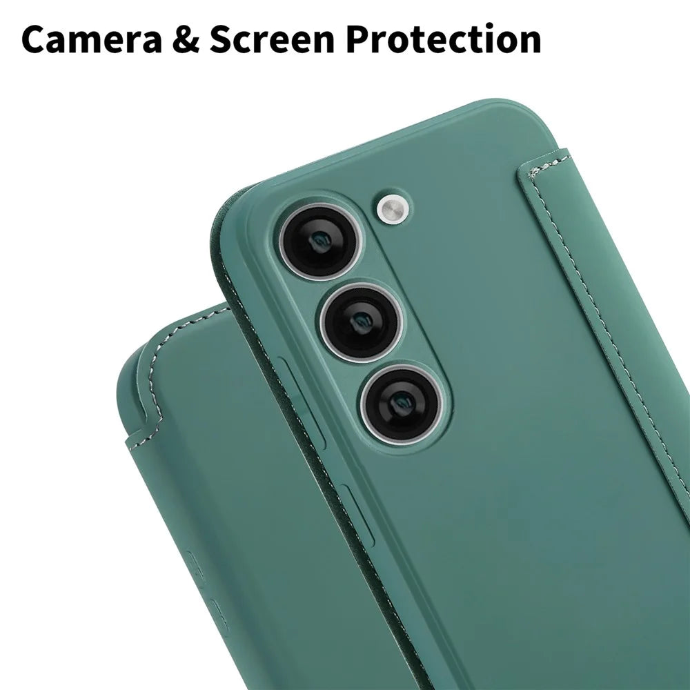 For Samsung Galaxy S23 Card Holder Design Kickstand Liquid Silicone Protective Case Skin-touch Phone Cover - Blackish Green - 5