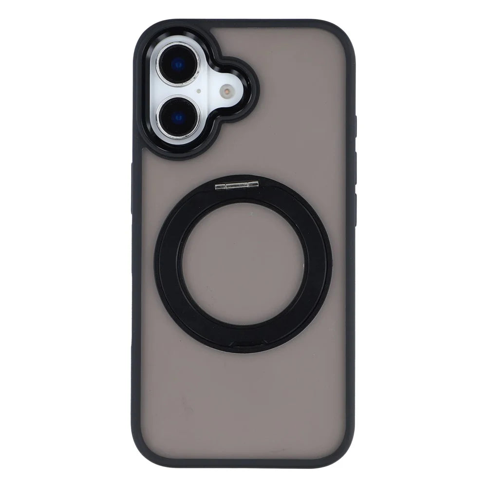 For iPhone 16 Case Rotating Kickstand TPU + PC Anti-slip Matte Phone Back Cover - Black - 1