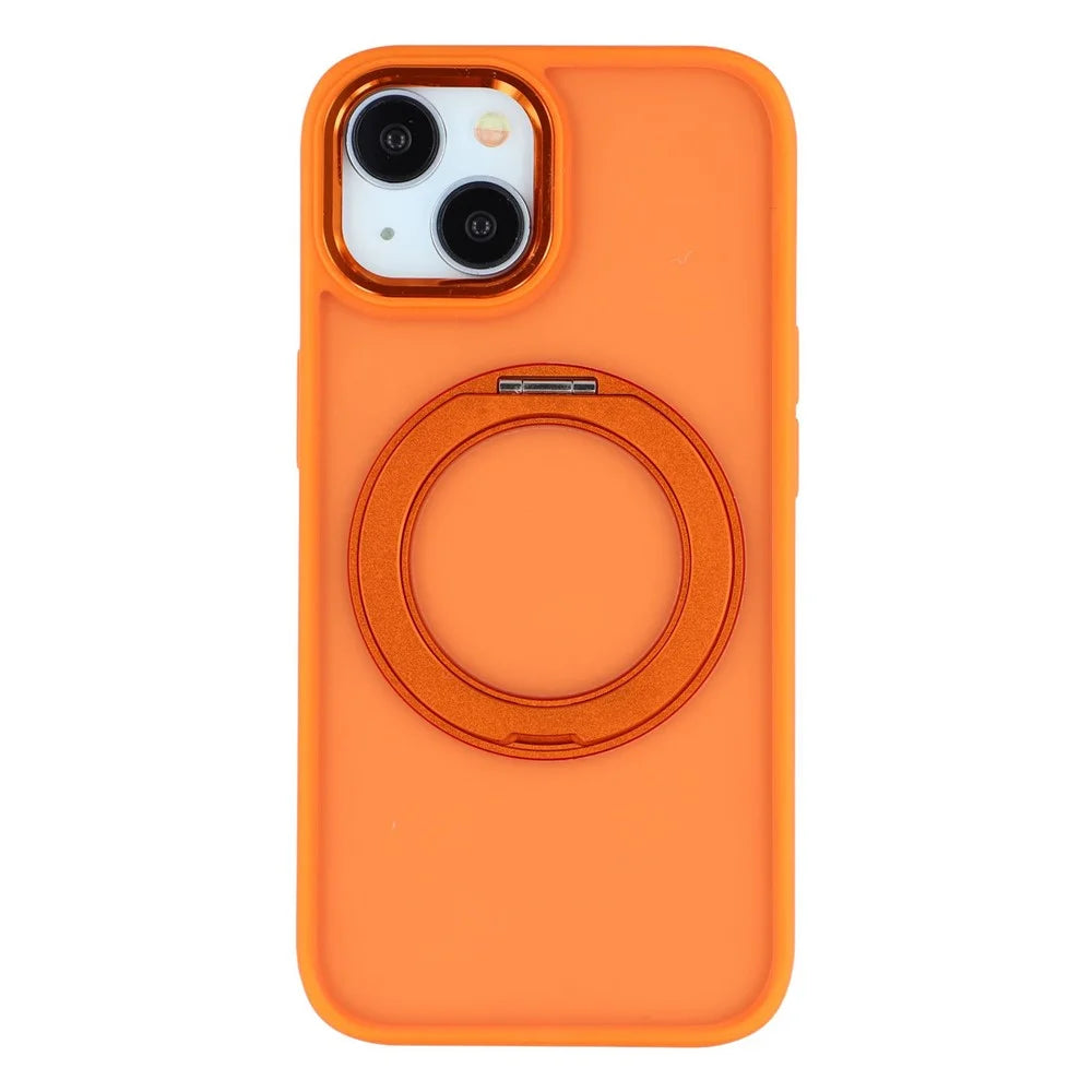 For iPhone 15 Case Rotating Kickstand TPU + PC Anti-slip Matte Phone Back Cover - Orange - 1