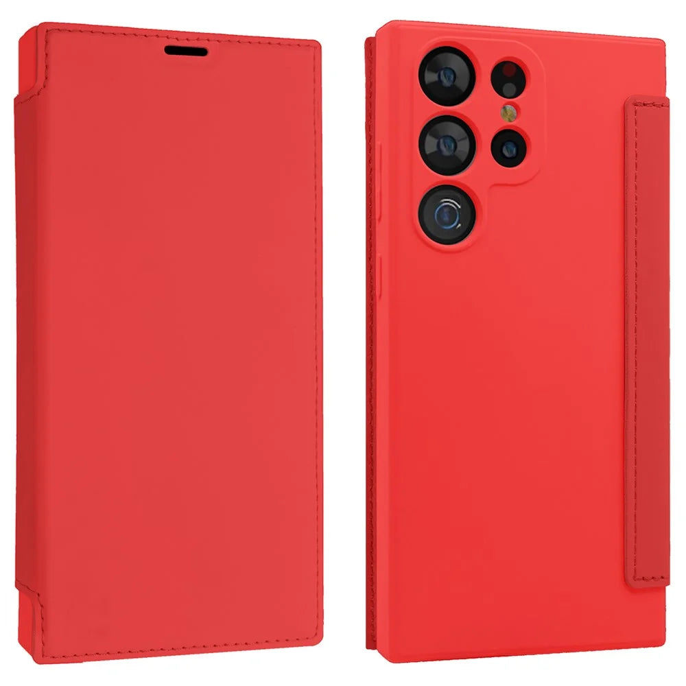 For Samsung Galaxy S23 Ultra Anti-collision Card Holder Design Kickstand Liquid Silicone Protective Case Skin-touch Phone Cover - Red - 1