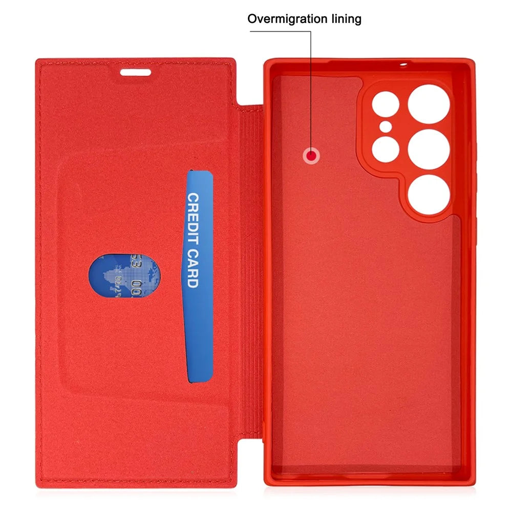 For Samsung Galaxy S23 Ultra Anti-collision Card Holder Design Kickstand Liquid Silicone Protective Case Skin-touch Phone Cover - Red - 3