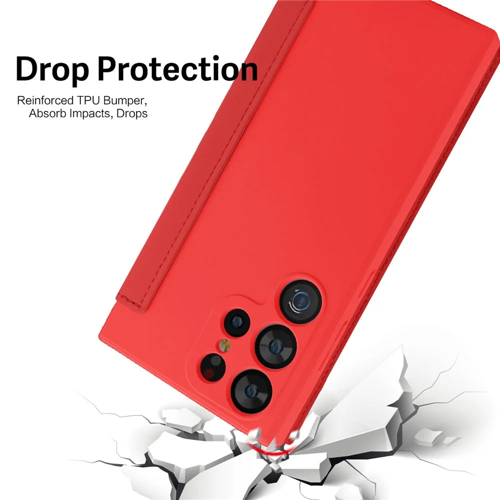 For Samsung Galaxy S23 Ultra Anti-collision Card Holder Design Kickstand Liquid Silicone Protective Case Skin-touch Phone Cover - Red - 4