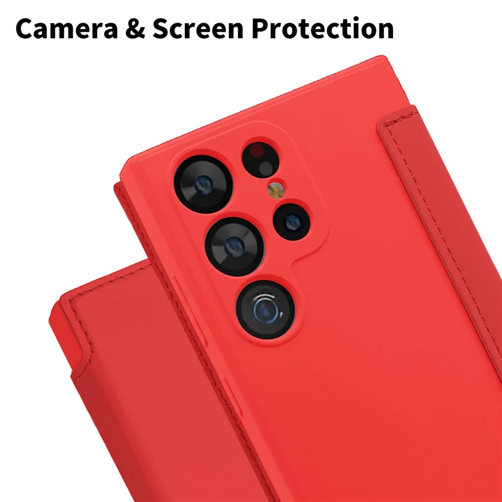 For Samsung Galaxy S23 Ultra Anti-collision Card Holder Design Kickstand Liquid Silicone Protective Case Skin-touch Phone Cover - Red - 5