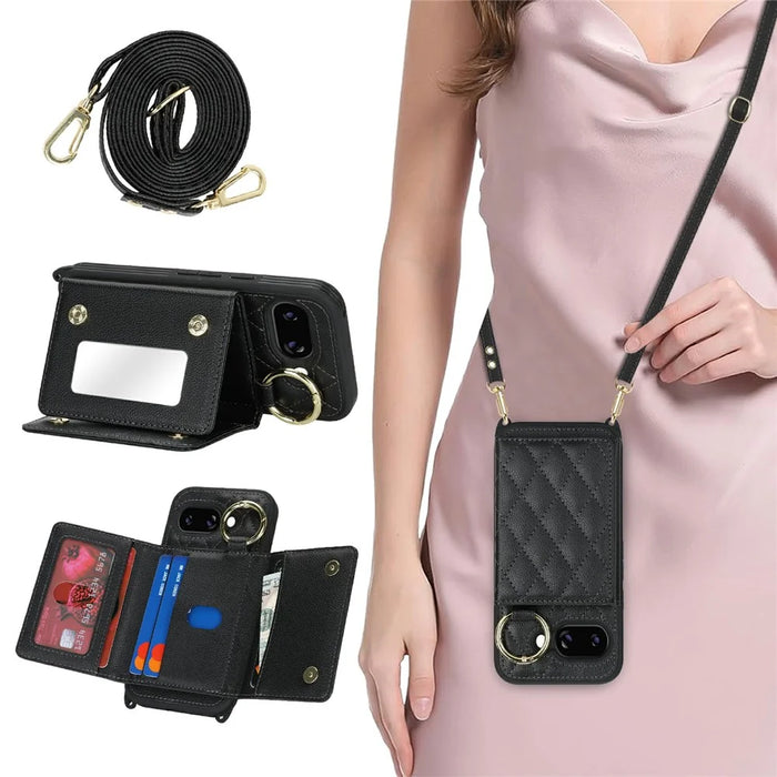 For Google Pixel 10a Case with Lanyard  /  Mirror  /  Card Holder Grids Pattern RFID Blocking Phone Cover - Black - 1
