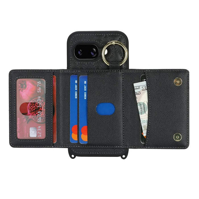 For Google Pixel 10a Case with Lanyard  /  Mirror  /  Card Holder Grids Pattern RFID Blocking Phone Cover - Black - 2