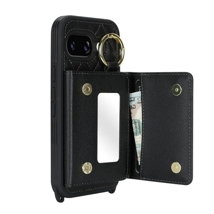 For Google Pixel 10a Case with Lanyard  /  Mirror  /  Card Holder Grids Pattern RFID Blocking Phone Cover - Black - 3