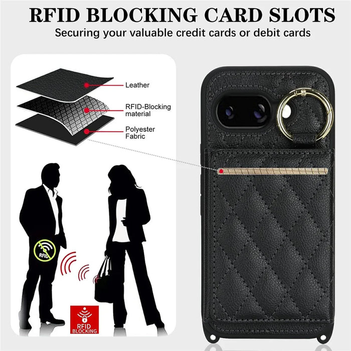 For Google Pixel 10a Case with Lanyard  /  Mirror  /  Card Holder Grids Pattern RFID Blocking Phone Cover - Black - 5