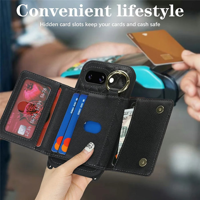 For Google Pixel 10a Case with Lanyard  /  Mirror  /  Card Holder Grids Pattern RFID Blocking Phone Cover - Black - 7