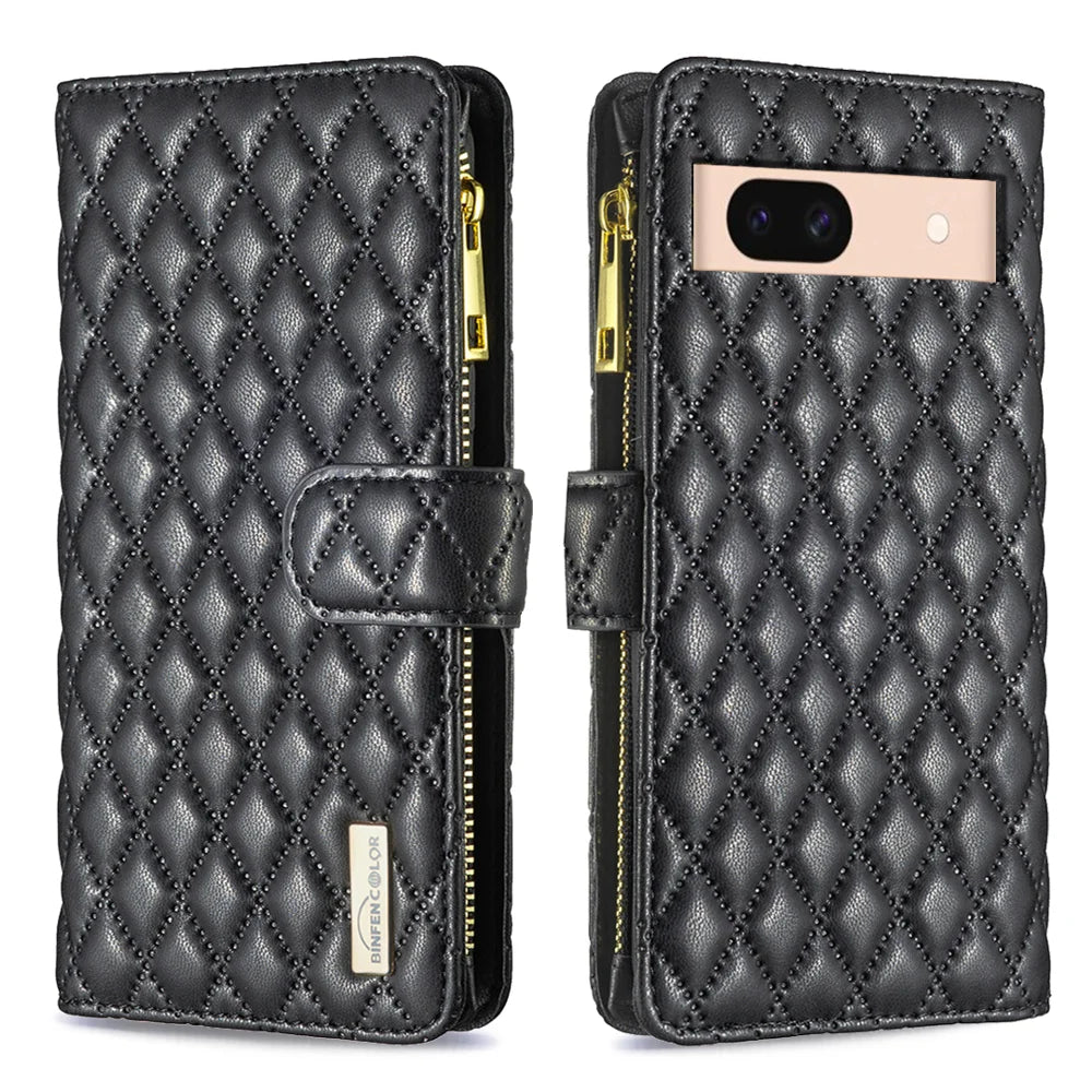 BINFEN COLOR for Google Pixel 9a BF Style-15 Leather Case Zipper Pocket Rhombus Phone Cover - Black - 1