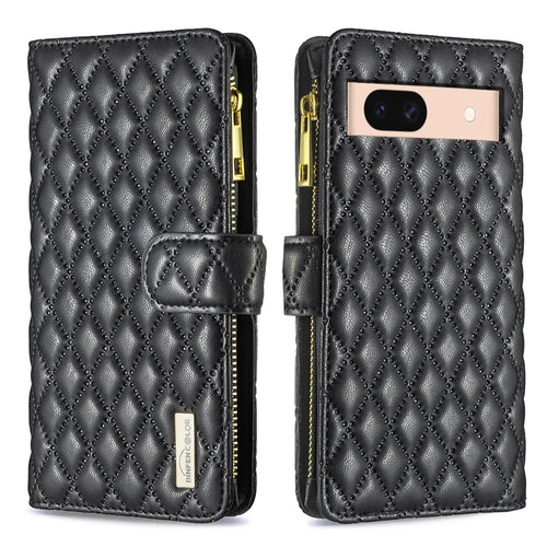 BINFEN COLOR for Google Pixel 9a BF Style-15 Leather Case Zipper Pocket Rhombus Phone Cover - Black - 1