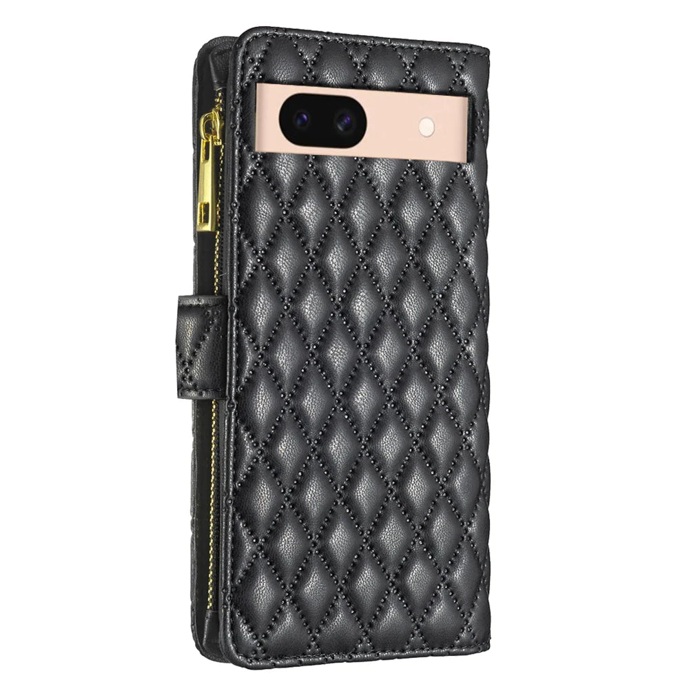 BINFEN COLOR for Google Pixel 9a BF Style-15 Leather Case Zipper Pocket Rhombus Phone Cover - Black - 3