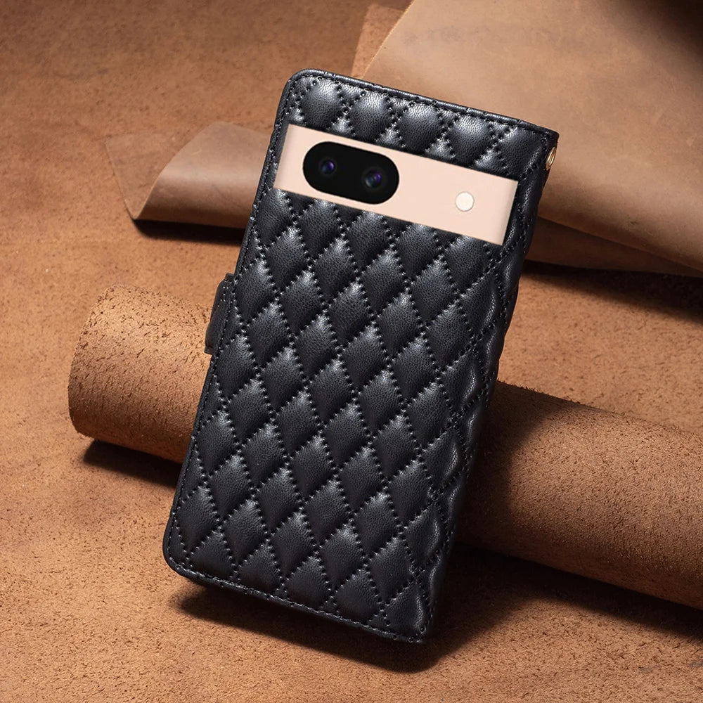 BINFEN COLOR for Google Pixel 9a BF Style-15 Leather Case Zipper Pocket Rhombus Phone Cover - Black - 7