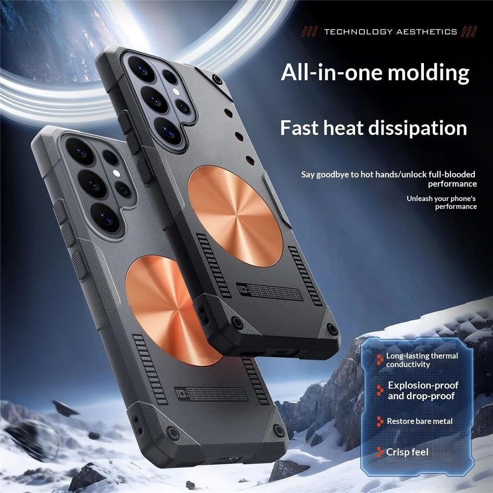 For Samsung Galaxy S26 Ultra Case Copper Heat Dissipation TPU + Metal Cooling Phone Cover Support Magnetic Car Mount - Grey - 3