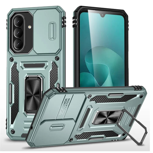 For Samsung Galaxy A27 5G Case Kickstand Slide Lens Lid PC + TPU Drop-Proof Phone Cover - Green - 1