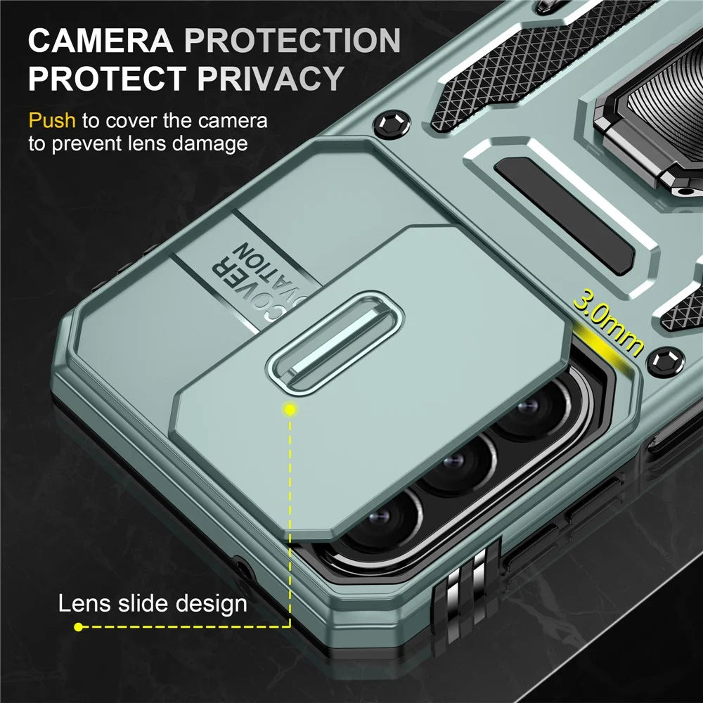 For Samsung Galaxy A27 5G Case Kickstand Slide Lens Lid PC + TPU Drop-Proof Phone Cover - Green - 5