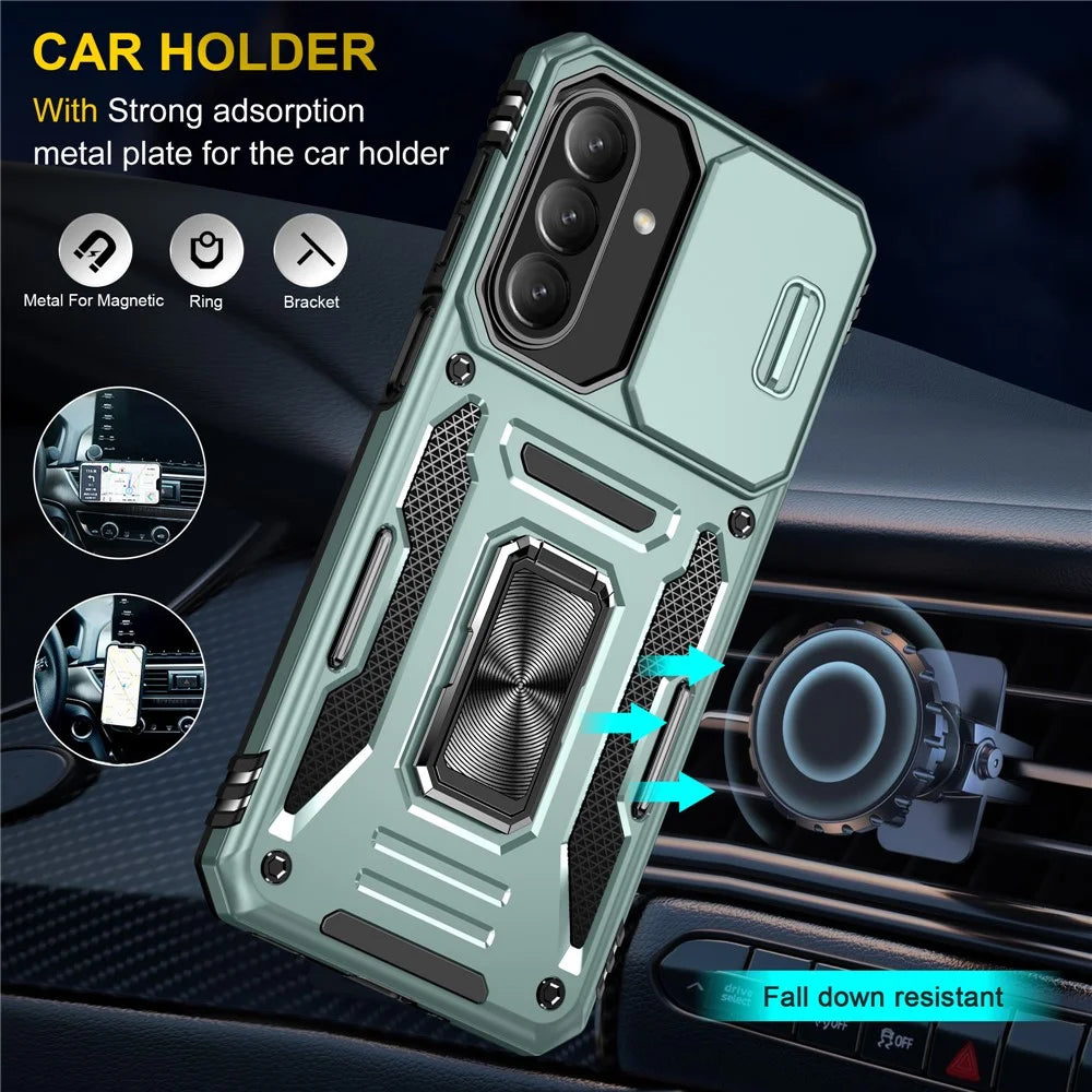 For Samsung Galaxy A27 5G Case Kickstand Slide Lens Lid PC + TPU Drop-Proof Phone Cover - Green - 6