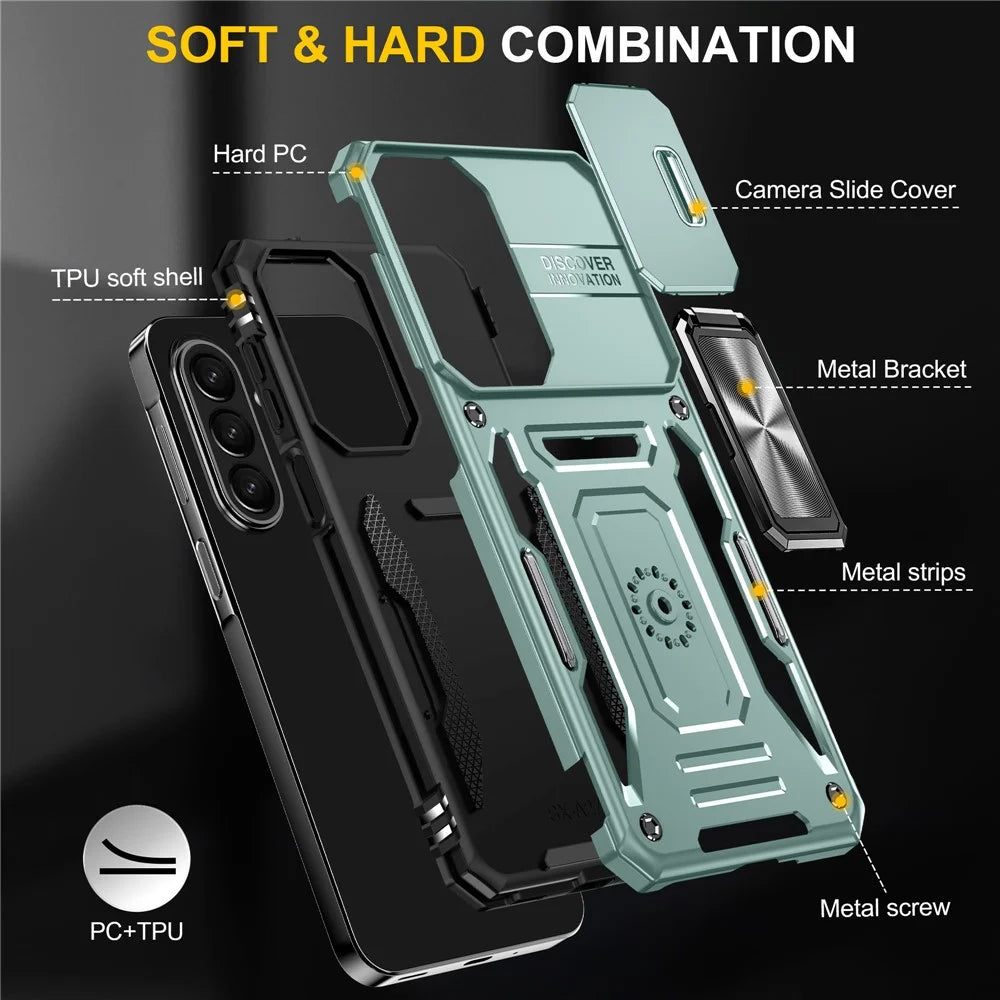 For Samsung Galaxy A27 5G Case Kickstand Slide Lens Lid PC + TPU Drop-Proof Phone Cover - Green - 7