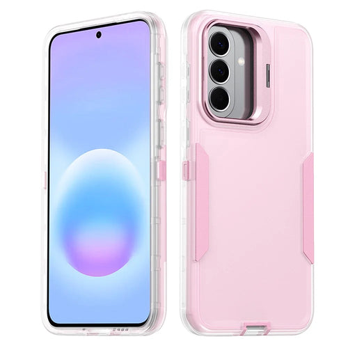 For Samsung Galaxy A27 5G Case TPU + PC Hybrid Phone Cover with Alloy Lens Frame Kickstand - Transparent  /  Pink - 1