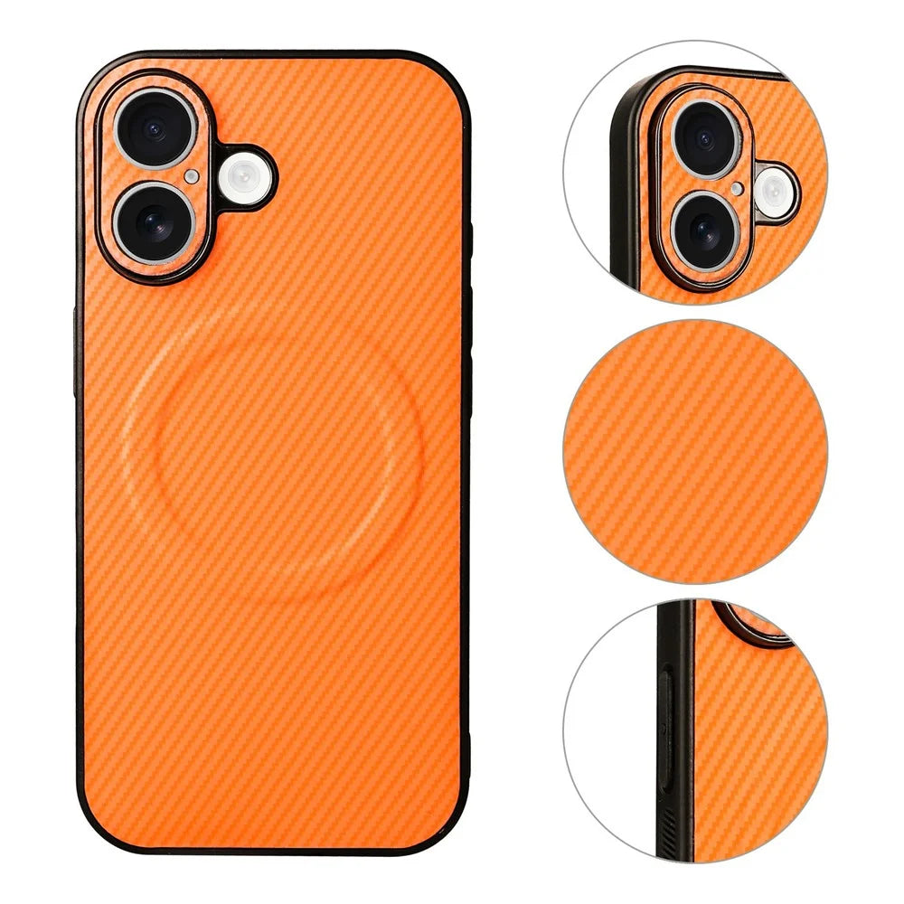 For iPhone 16 Plus Case Carbon Fiber Texture Leather Coated TPU PC Phone Cover with Metal Ring for Magnetic Car Mount - Orange - 3