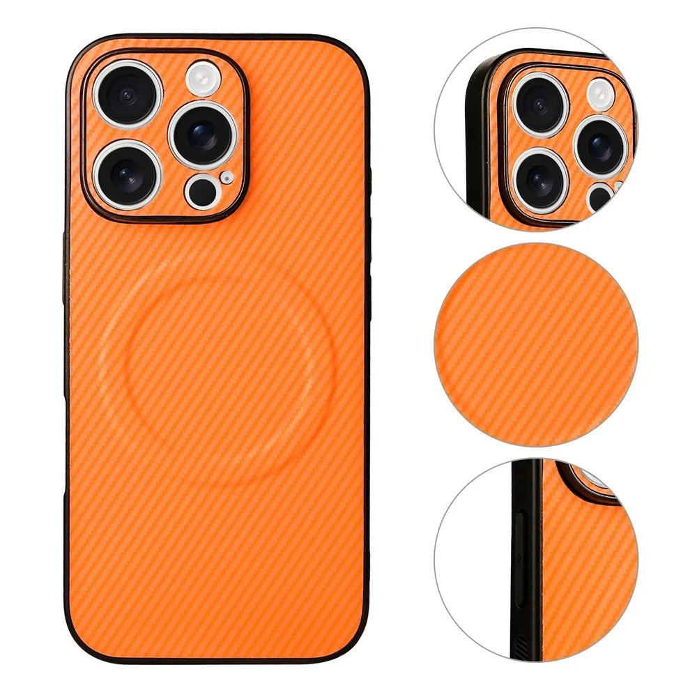 For iPhone 16 Pro Max Case Carbon Fiber Texture Leather Coated TPU PC Phone Cover with Metal Ring for Magnetic Car Mount - Orange - 3