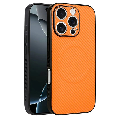 For iPhone 16 Pro Case Carbon Fiber Texture Leather Coated TPU PC Phone Cover with Metal Ring for Magnetic Car Mount - Orange - 1