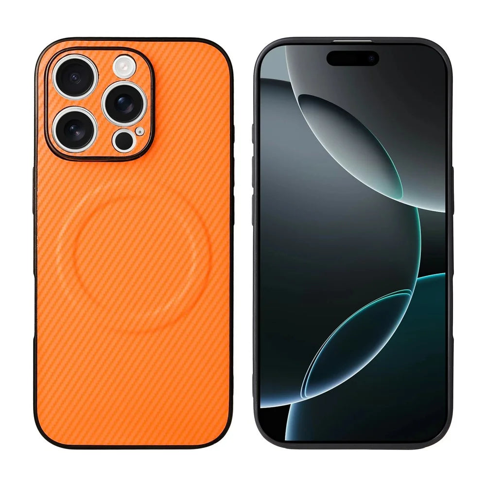 For iPhone 16 Pro Case Carbon Fiber Texture Leather Coated TPU PC Phone Cover with Metal Ring for Magnetic Car Mount - Orange - 2