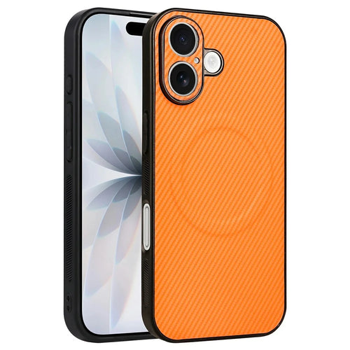 For iPhone 16 Case Carbon Fiber Texture Leather Coated TPU PC Phone Cover with Metal Ring for Magnetic Car Mount - Orange - 1