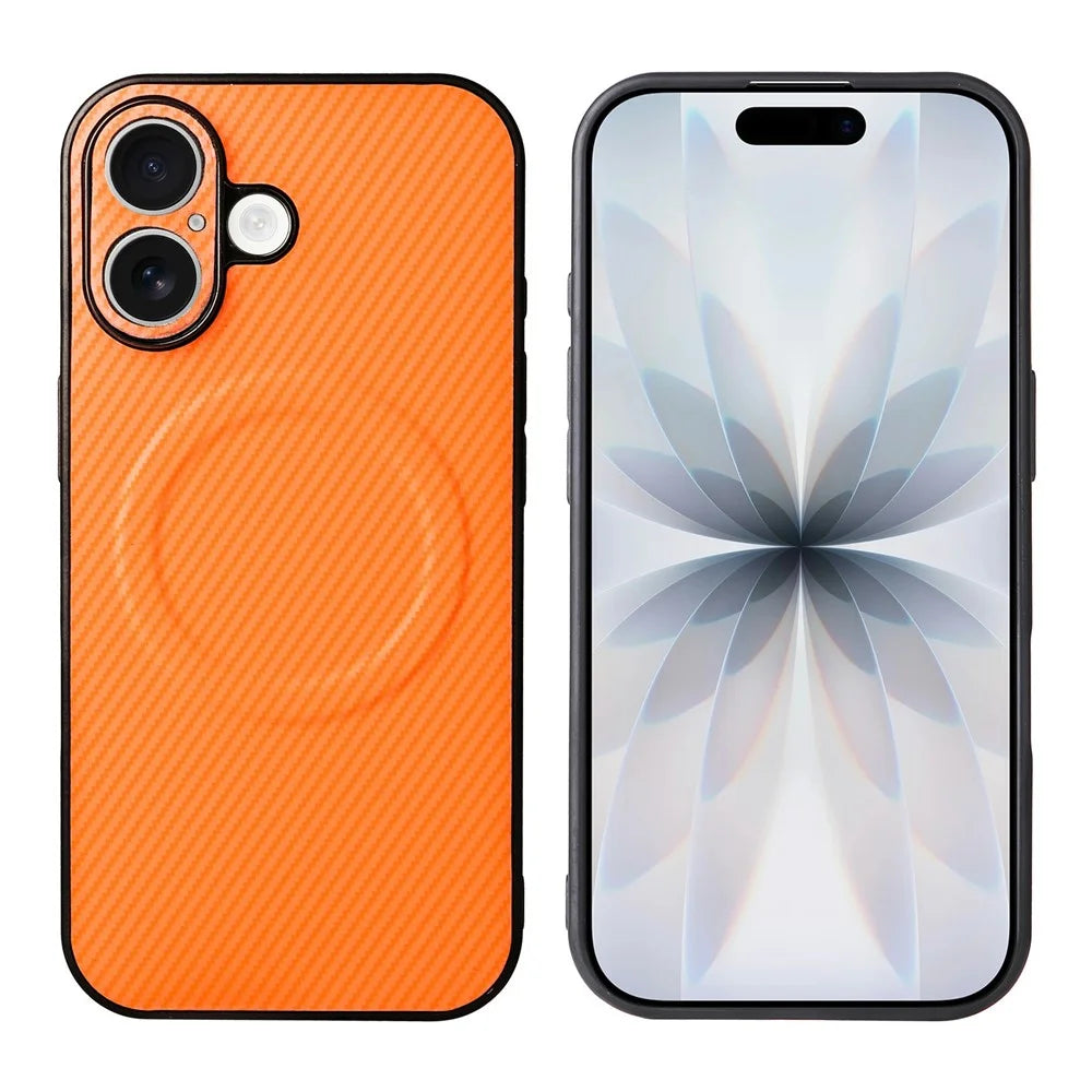 For iPhone 16 Case Carbon Fiber Texture Leather Coated TPU PC Phone Cover with Metal Ring for Magnetic Car Mount - Orange - 2