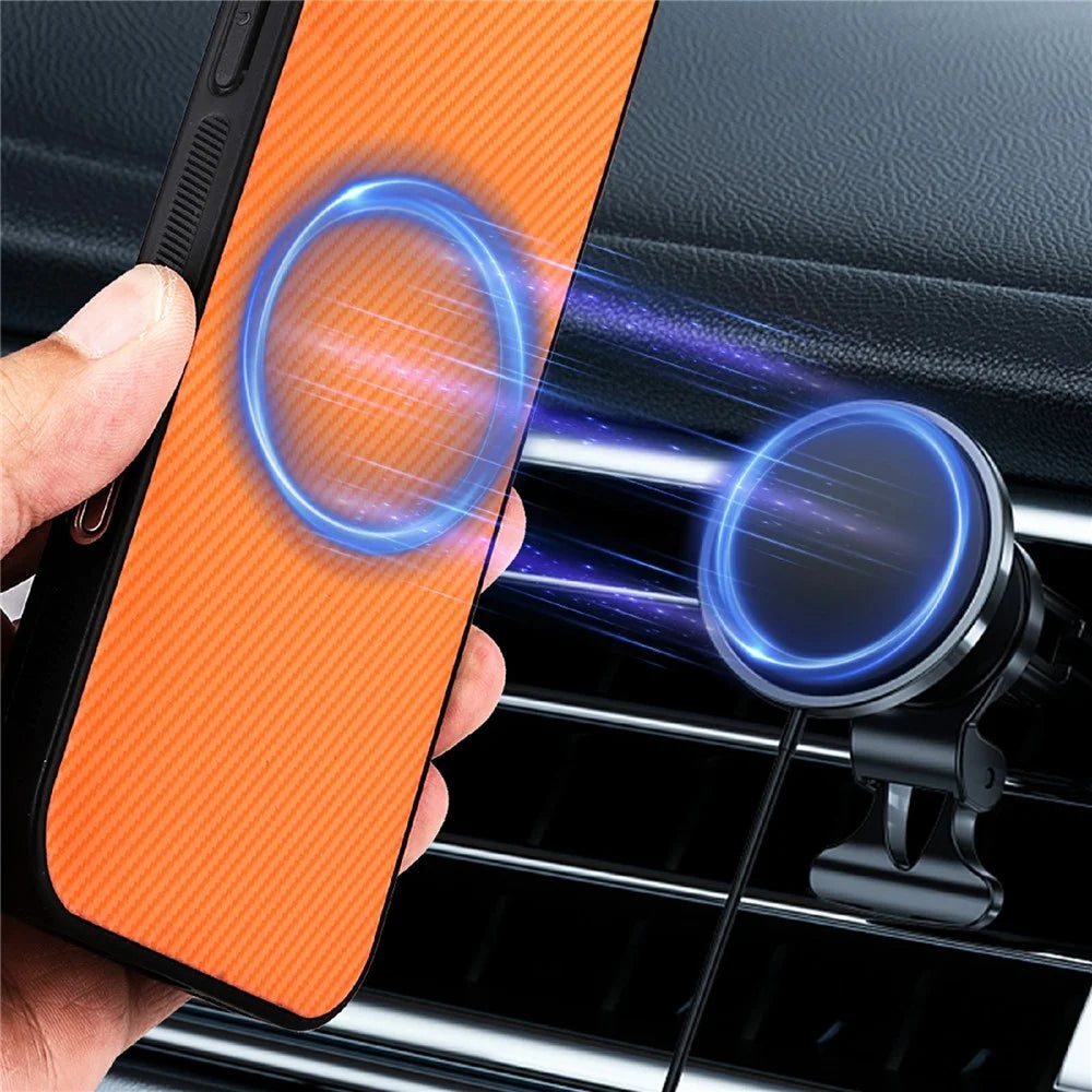 For iPhone 16 Case Carbon Fiber Texture Leather Coated TPU PC Phone Cover with Metal Ring for Magnetic Car Mount - Orange - 4