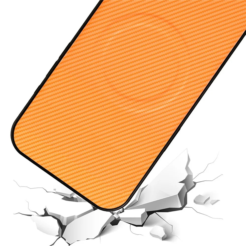 For iPhone 16 Case Carbon Fiber Texture Leather Coated TPU PC Phone Cover with Metal Ring for Magnetic Car Mount - Orange - 5